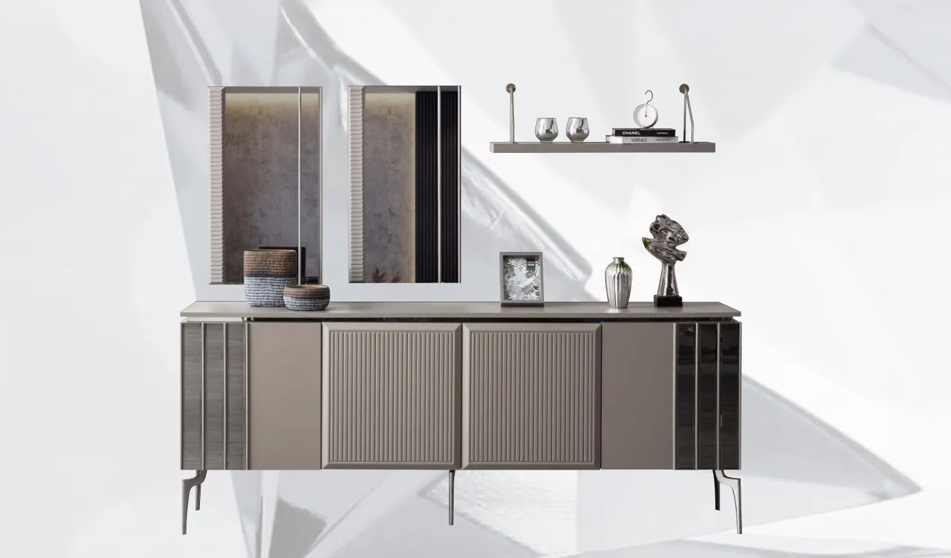 Garnitur Sideboard mit Spiegel Schrank Anrichte Grau Kommode Holz