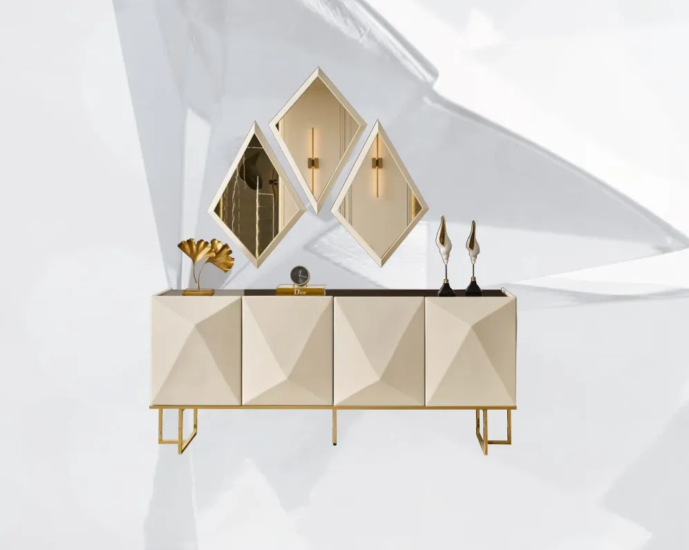 Garnitur Sideboard mit Spiegel Schrank Anrichte Beige Kommode Holz Set