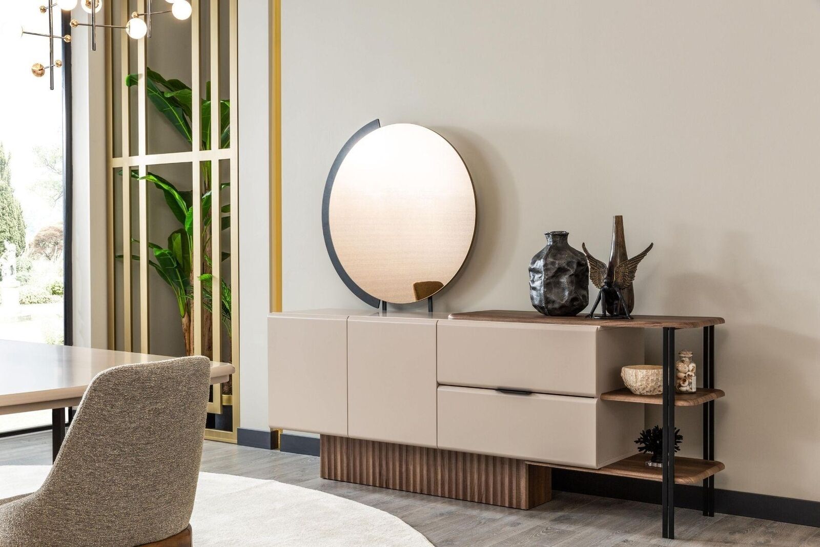 Garnitur Sideboard mit Spiegel Beige Holzschrank Schrank Holz Design