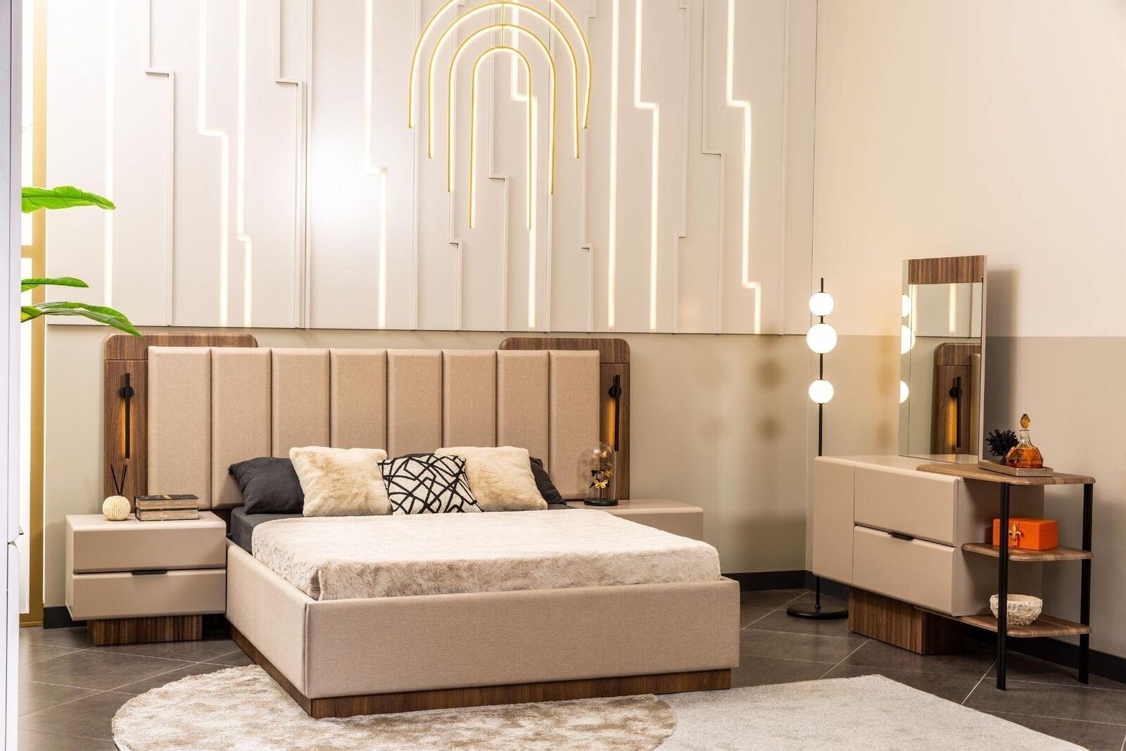 Schlafzimmer Garnitur Doppelbett Nachttische Beige Stoff 4tlg Schmink