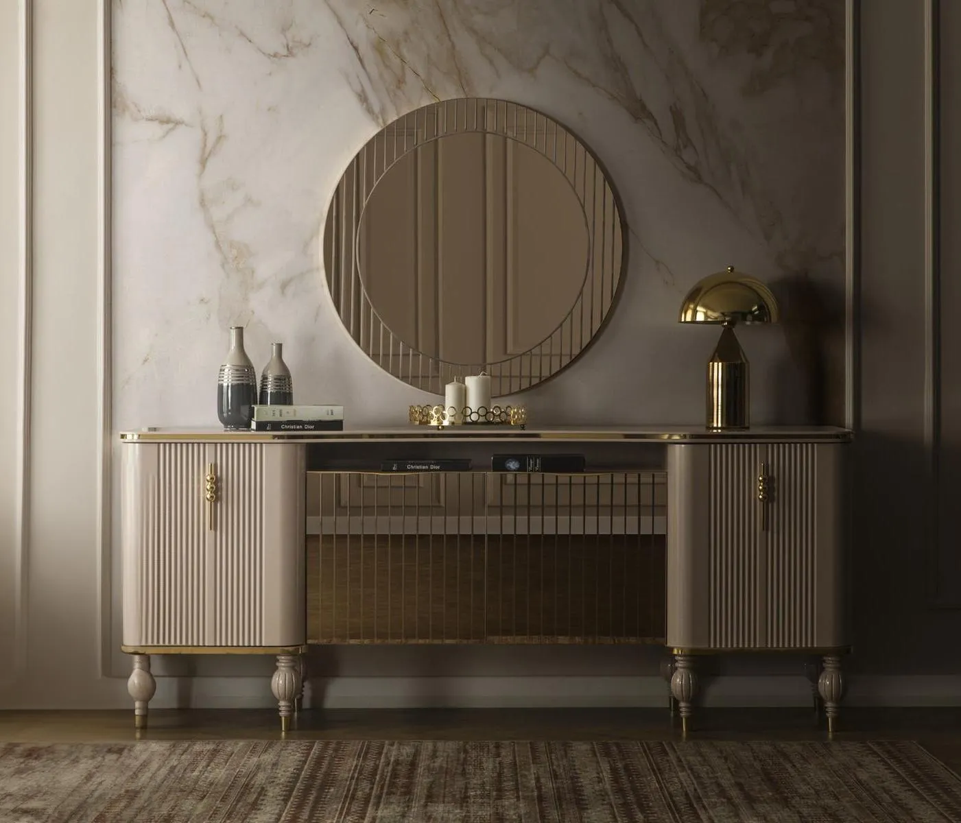 Luxuriöses Wohnzimmer Set Modernes Sideboard Glas Spiegel Anrichte