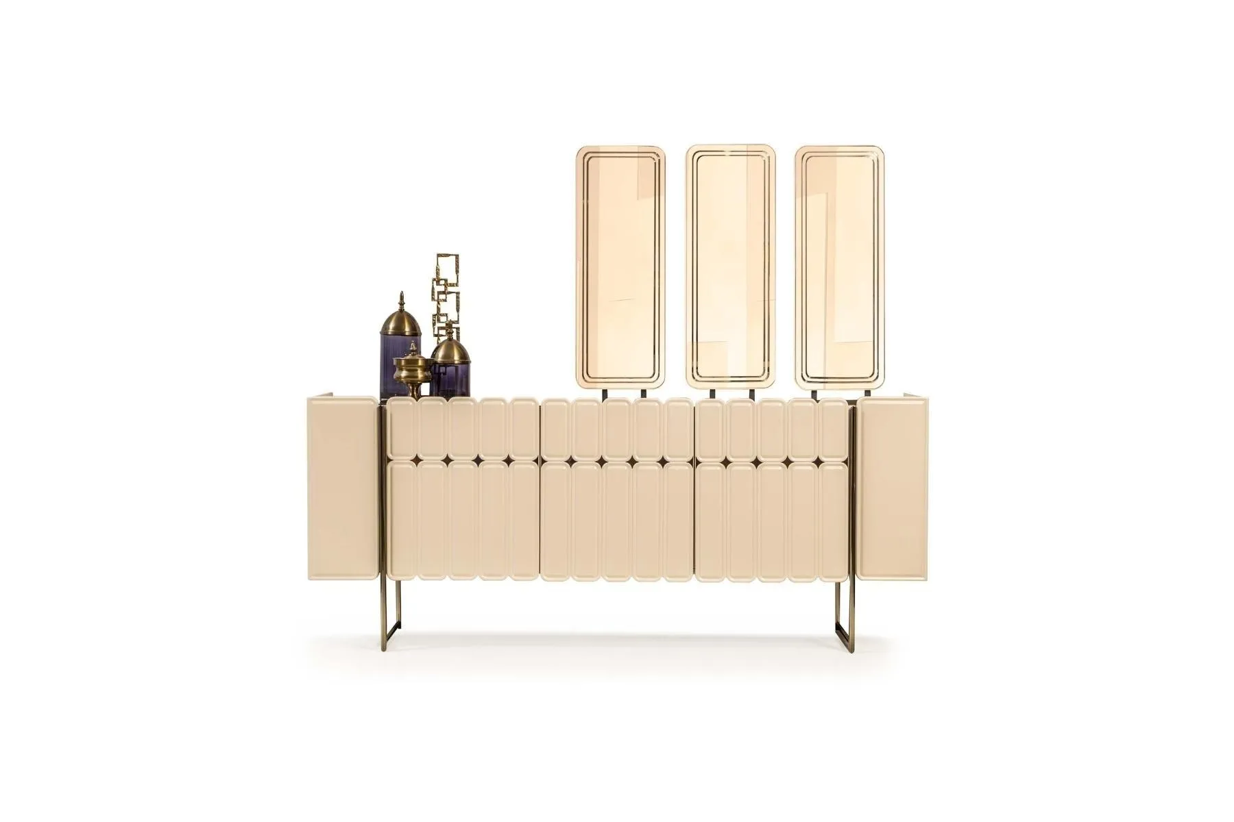 Modernes Beiges Sideboard Luxuriöse Anrichte Exklusive x3 Spiegel 4tlg