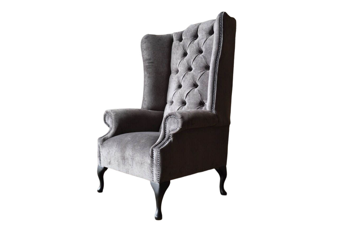 Ohrensessel Sessel Grau Design Polster Samt Couch Chesterfield Textil