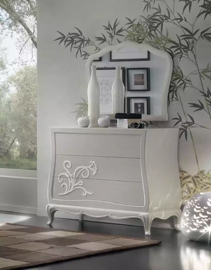 Klassisches Massivholz SideboardLuxus Kommode mit Spiegel Kommoden Konsole Holz Modern Design GrauLuxus Kommode Anrichte Wohnzimmer Möbel