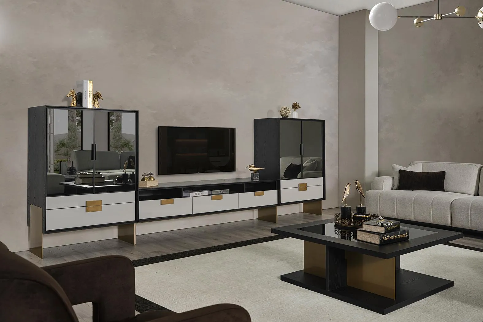 Wohnwand TV-Schrank 2x Vitrine Wohnzimmer Set Wohnmöbel weiß 3tlg.