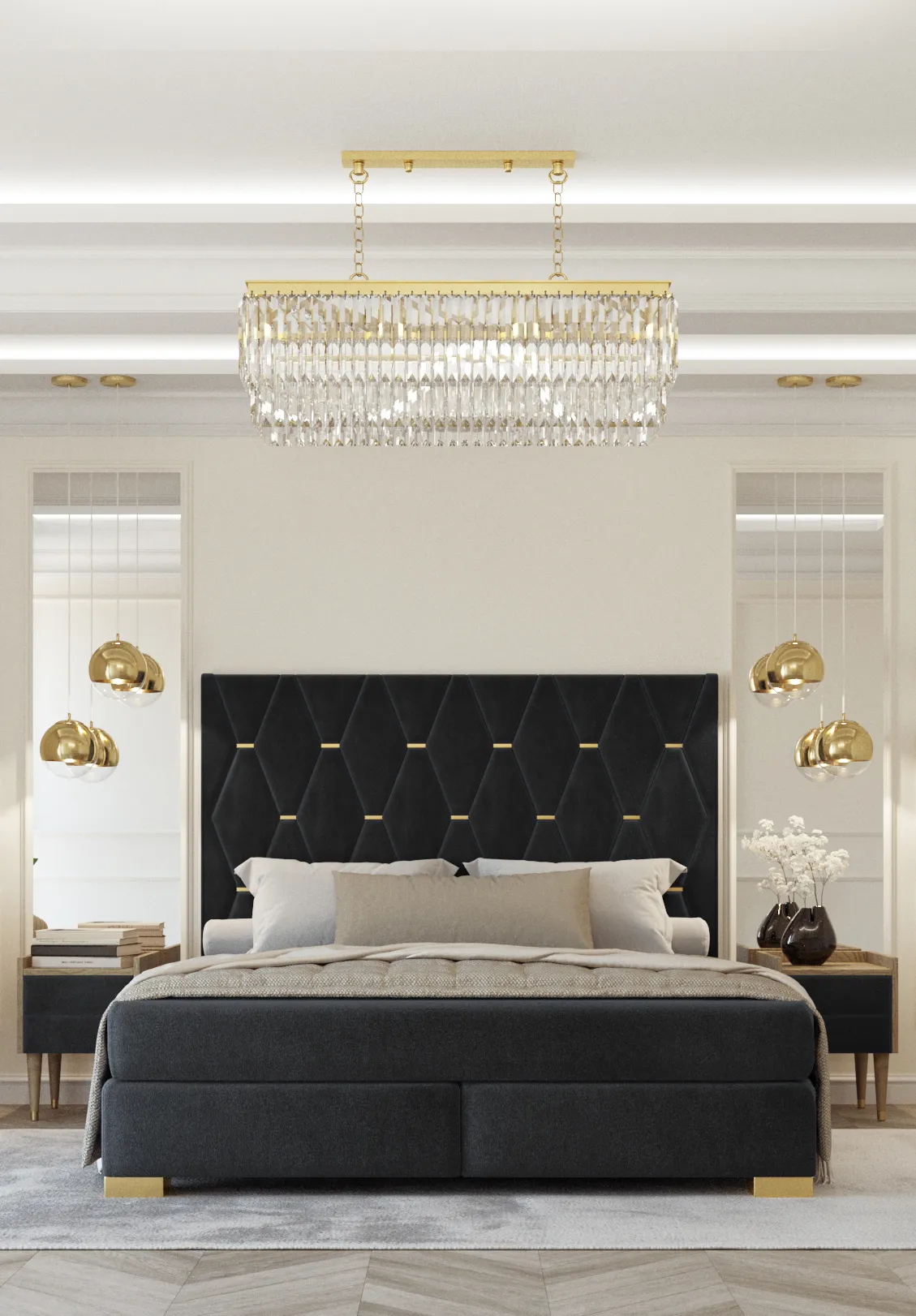 Schwarze Schlafzimmer Garnitur Doppelbett 2x Luxus Nachttische 3tlg Set