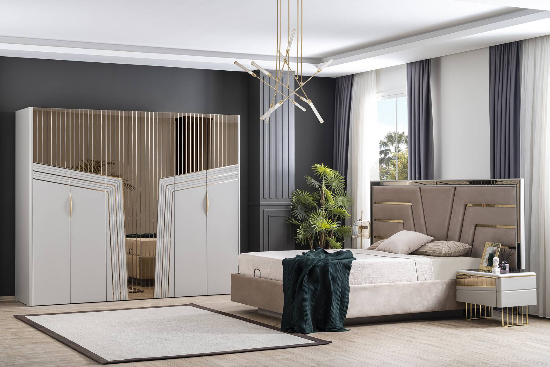 Moderner Schlafzimmer Set Designer Bett 2x Nachttische Kleiderschrank