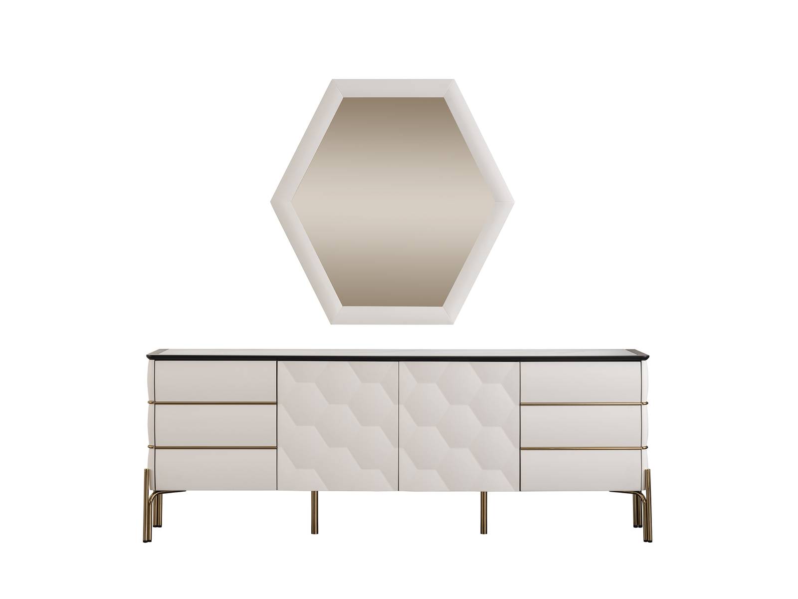 Moderne Esszimmer Garnitur Designer Weißes Sideboard Großer Spiegel 2tlg