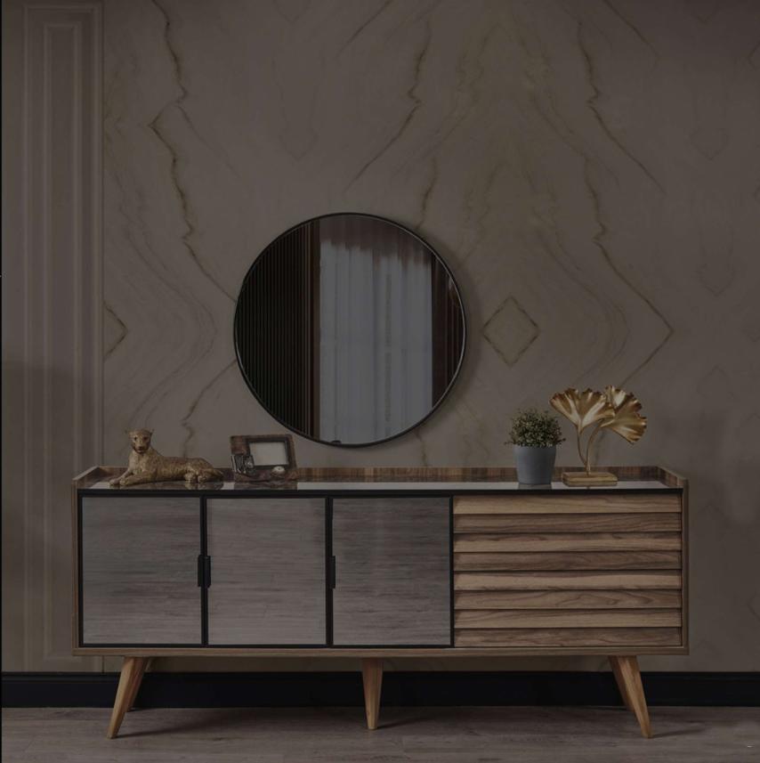 Braunes Esszimmer Set Stilvolles Sideboard Rundspiegel Holzmöbel 2tlg