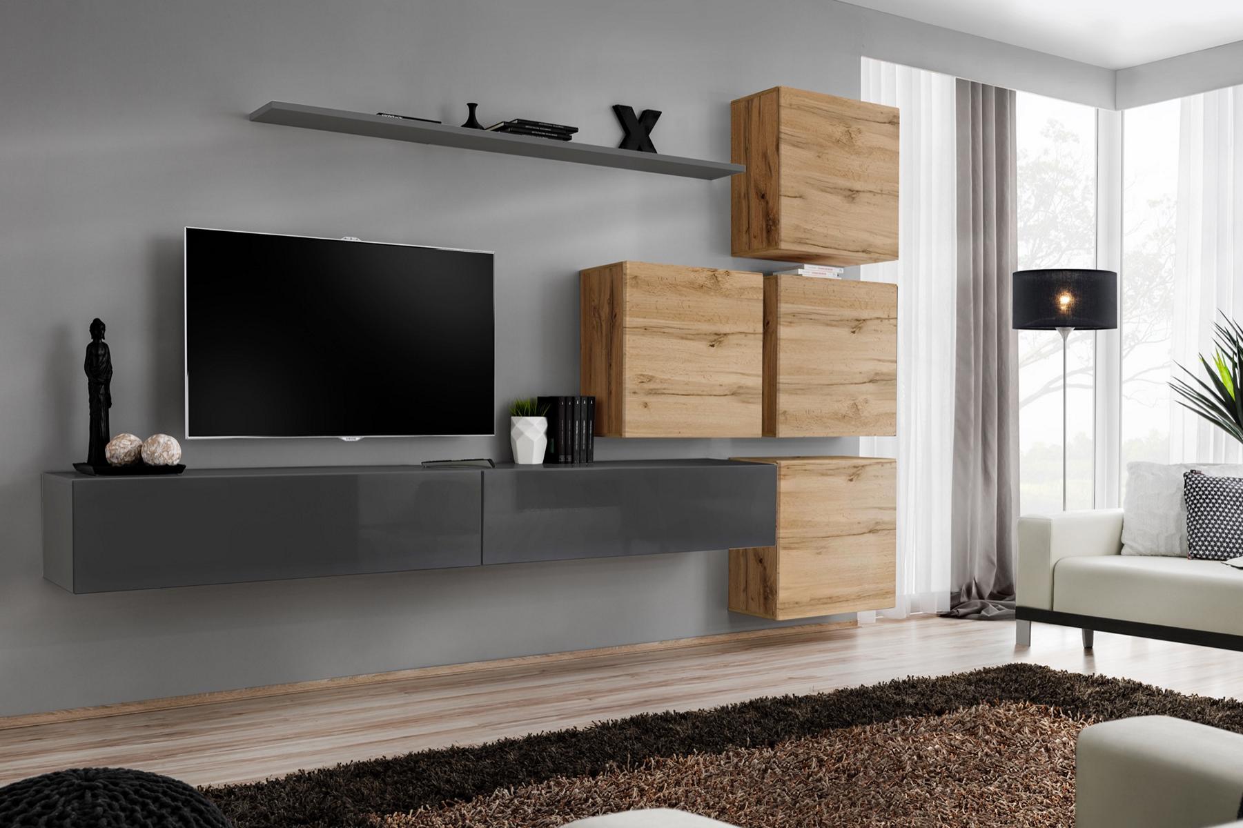 Grau TV Ständer Wandregal Luxus Wohnwand Einrichtung Modern Komplett Sideboard