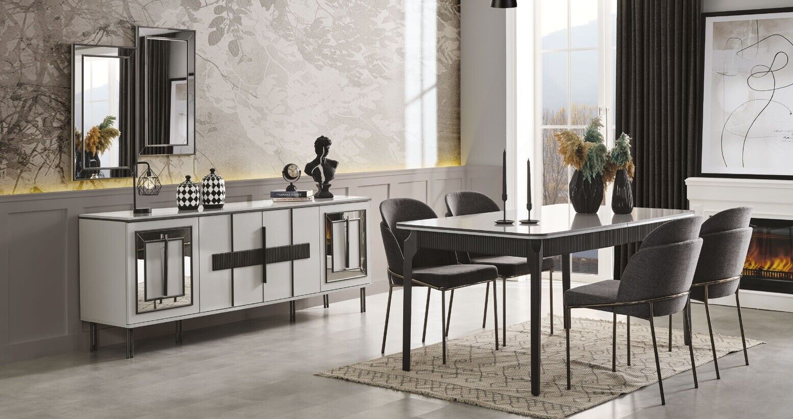 Esszimmer Set Esstisch Holz Metall Luxus 4x Stühle Design 7tlg Sideboard
