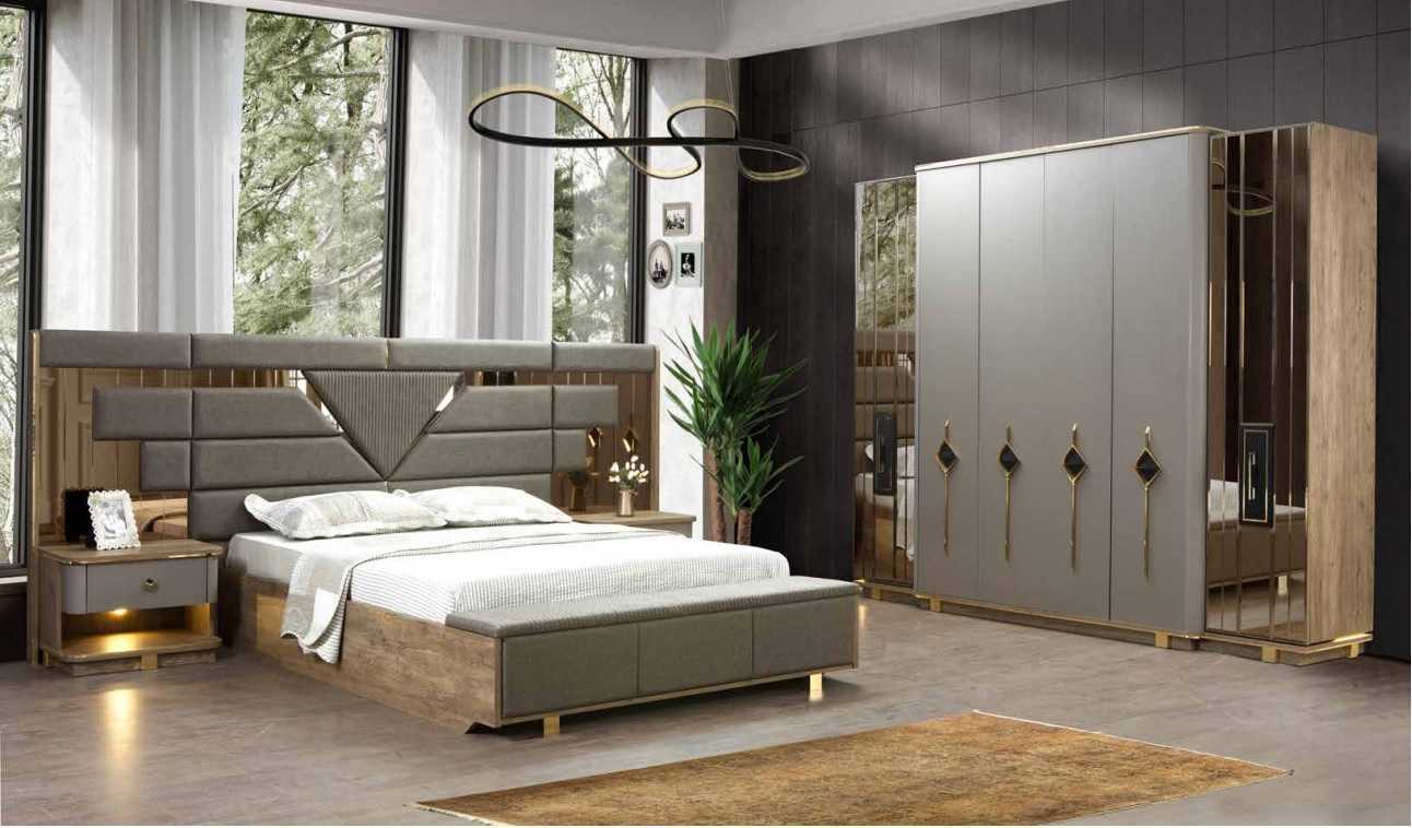 Bett 2x Nachttische Kleiderschrank 4 tlg. Schlafzimmer Set Möbel Luxus