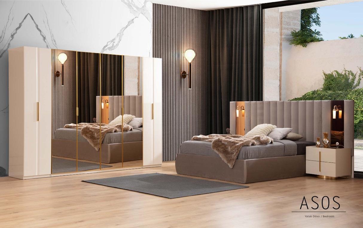 Beige Schlafzimmer Garnitur Designer Bett Kleiderschrank 2x Nachttische