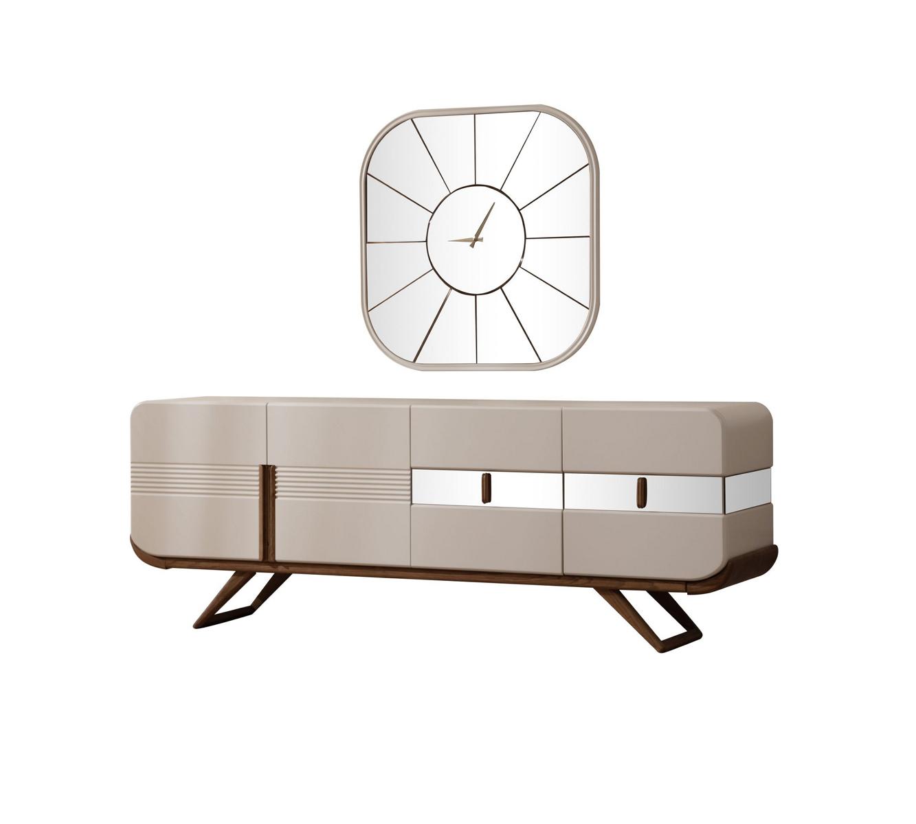 Beige 4-türige Esszimmer Anrichte Rechteckiger Spiegel Luxus Holz Möbel