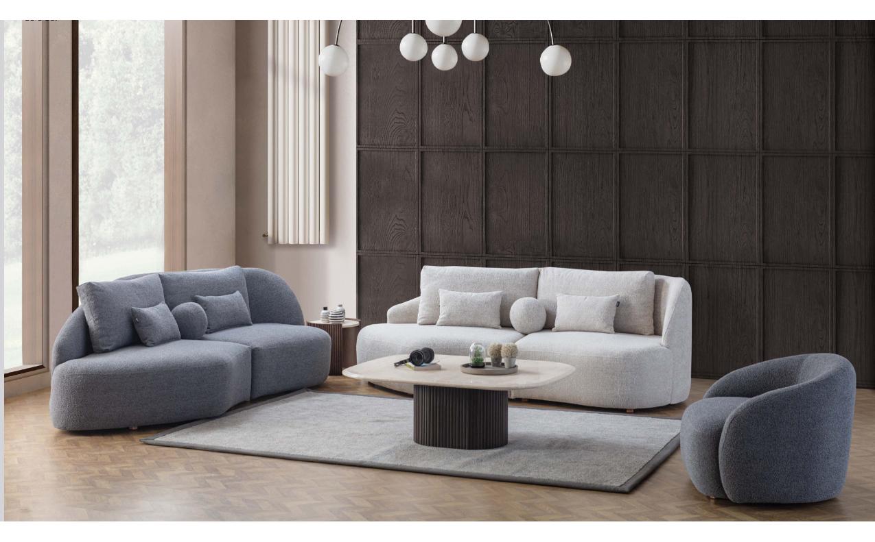 Grau-weiße Wohnzimmer Garnitur 3+3 Sitzer Designer Textilsessel 3tlg