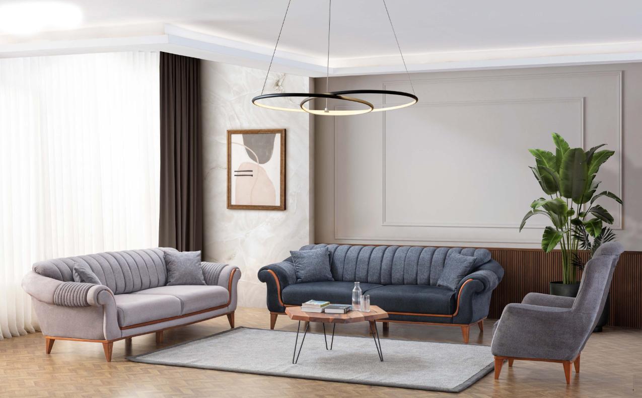 Blau-Graues Wohnzimmer Set Moderne Sofagarnitur 3+3+1 Sitzer Sessel