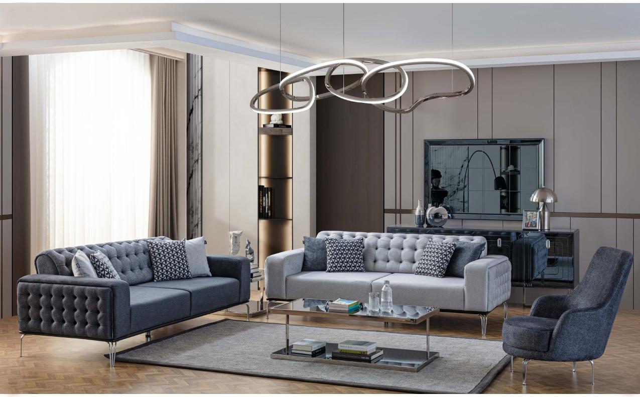 Chesterfield Graue Sofagarnitur Wohnzimmer Couchen Dreisitzer+Sessel