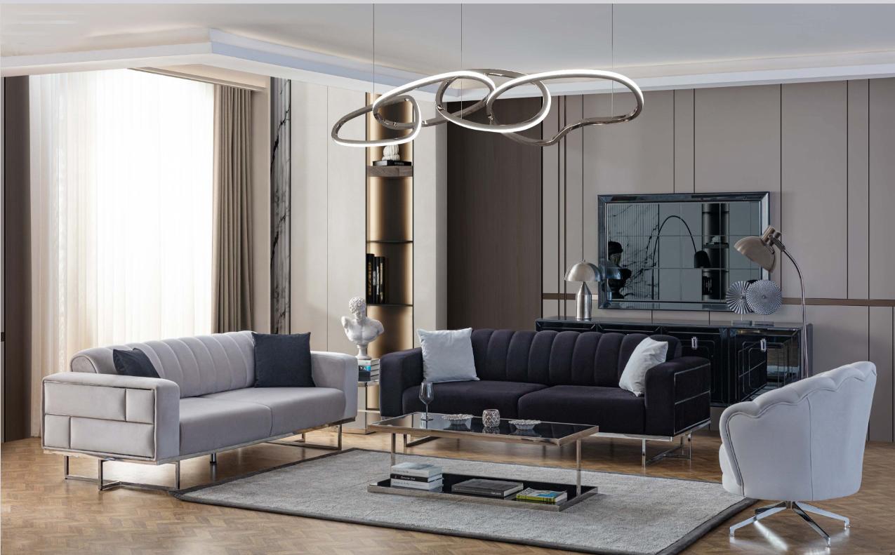 Graue Wohnzimmer Couchen Designer Polster Dreisitzer Textil Sessel 3tlg