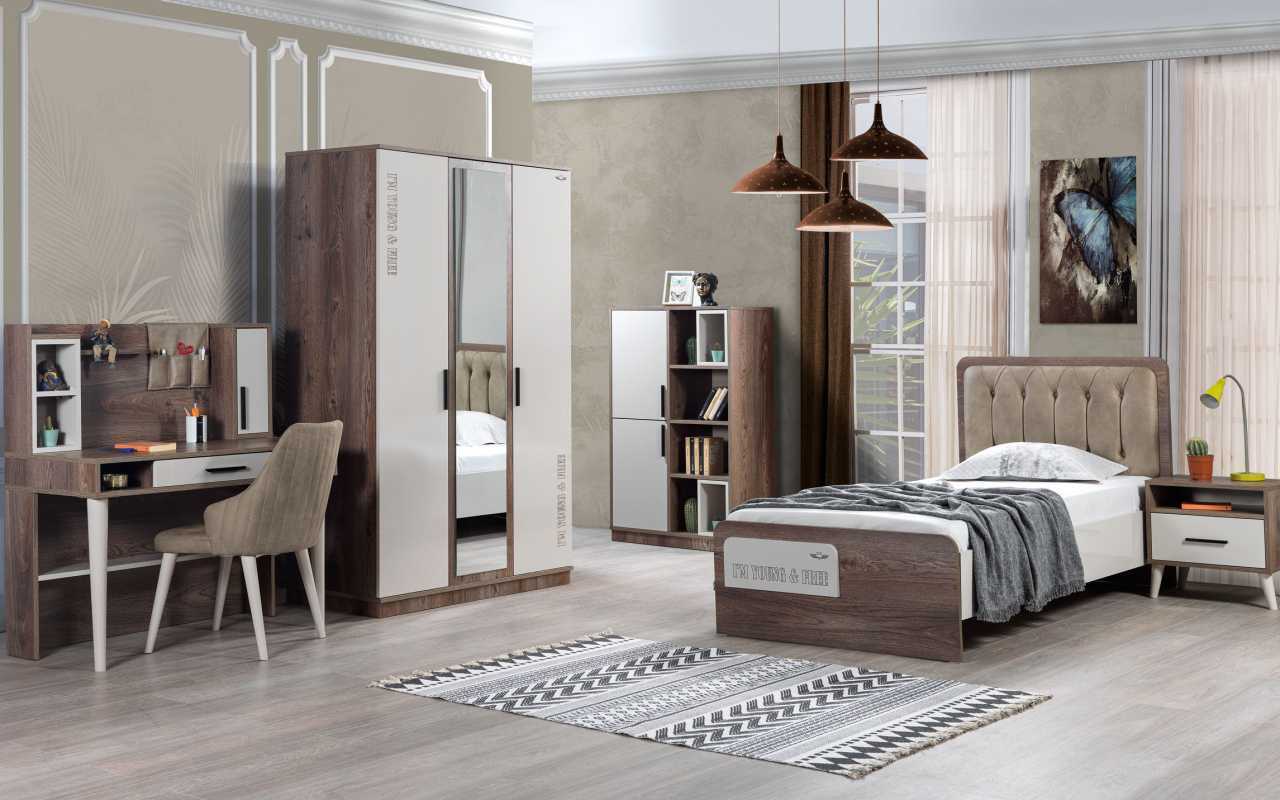 Komplettes Jugendzimmer Set Bett Bücherregal Nachttisch Holzmöbel 5tlg