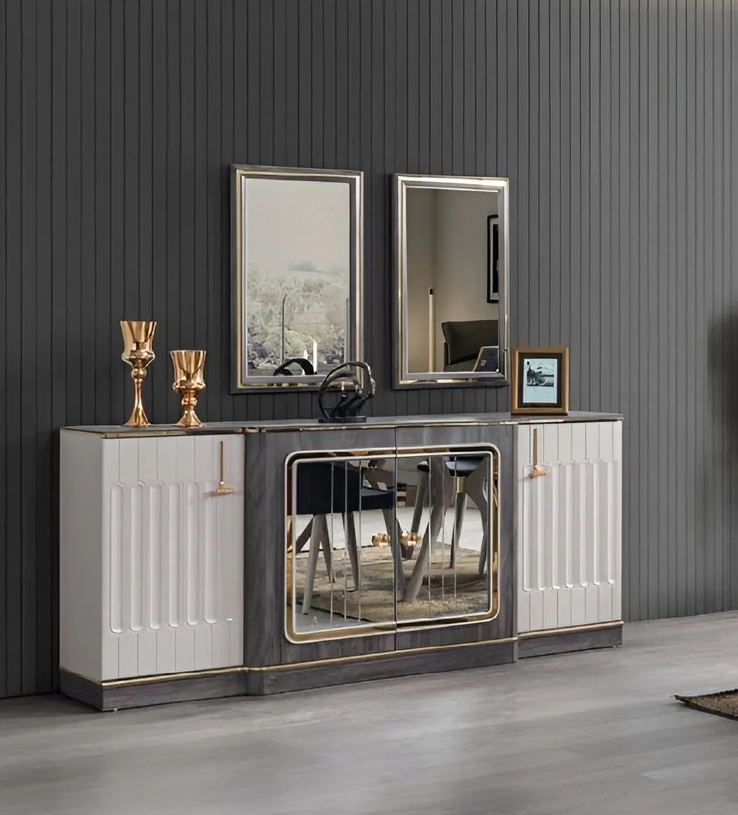 Modernes Sideboard mit 2x Spiegeln Designer Wohnzimmer Holz Kommode