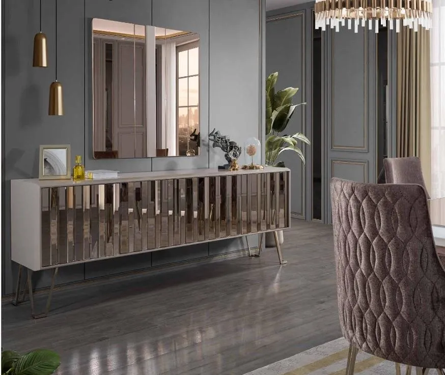 Luxus Sideboard mit Spiegel stilvoll Beige Kommode Modern Möbel Set