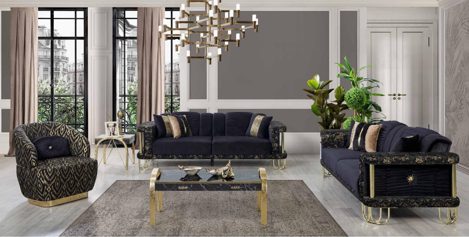 Schwarze Couchgarnitur 2x Dreisitzer Polster Sessel Moderne Sitz Möbel