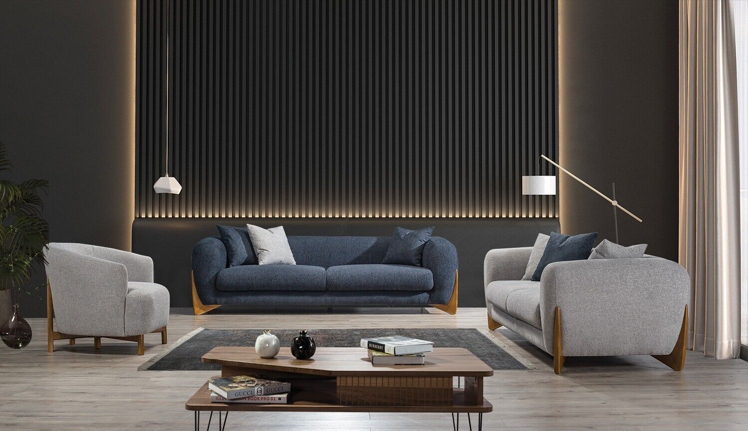 Textil Sofagarnitur 3+3+1 Sitzer Sofa Set Grau Couchen Holz Möbel Sofort