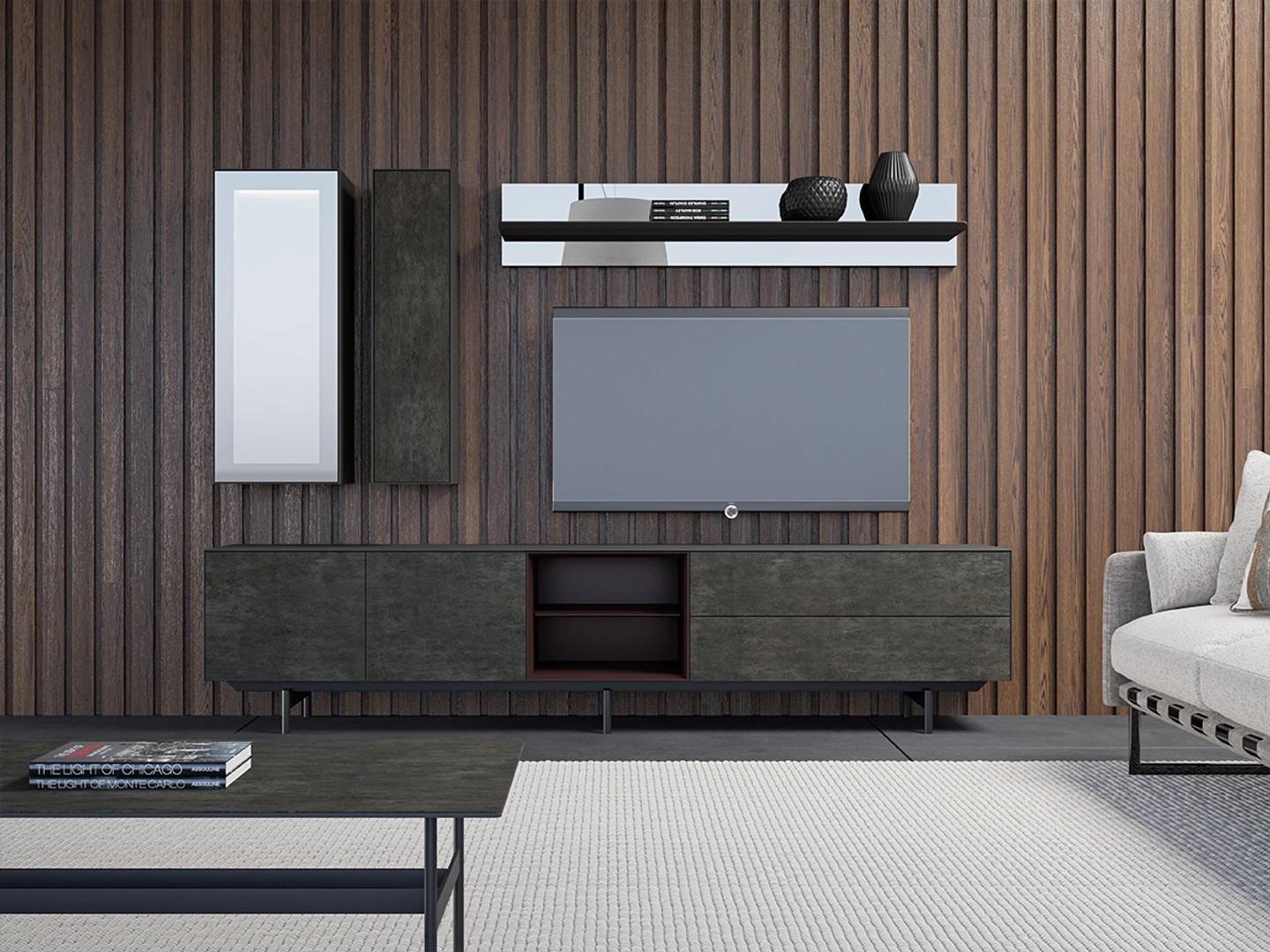 Wohnwand Modern TV-Ständer Hänge Vitrine Luxus Wandregal Wohnzimmermöbel