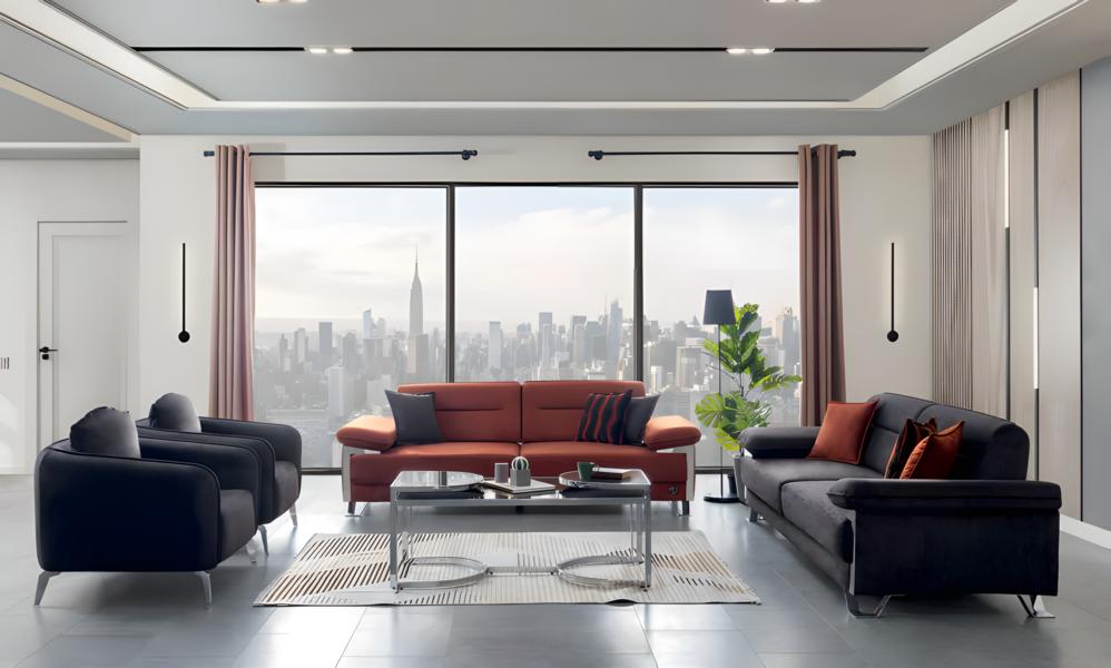 Sofagarnitur 3+3+1+1 Sitzer Modern Schwarz Terrakotta Stoff Chromfüße Design