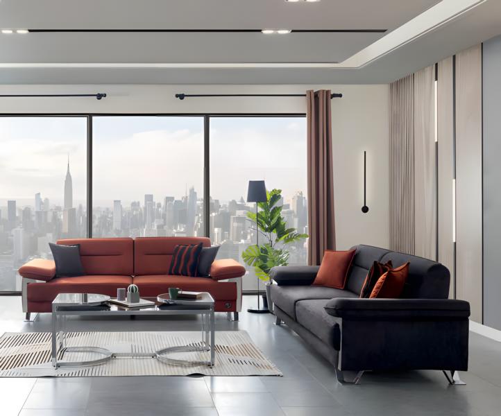 Exklusive Sofagarnitur 3+3 Sitzer Stoff Anthrazit Terrakotta Chromfüße Modern