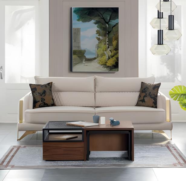 Sofa 3-Sitzer Creme Stoffbezug Goldfüße Elegant Modern Design Wohnzimmerstil