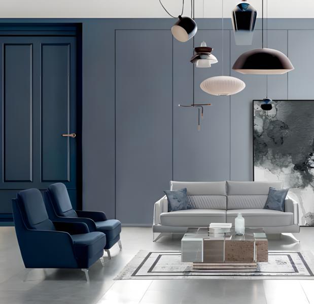 Sofagarnitur 3+1+1 Sitzer Hellgrau Blau Stoff Chromfüße Modern Elegantes Design