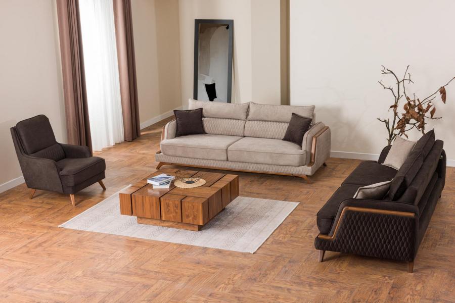 Sofagarnitur 3+3+1 Sitzer Beige Braun Stoff Holzfüße Skandi Modern Wohnzimmer