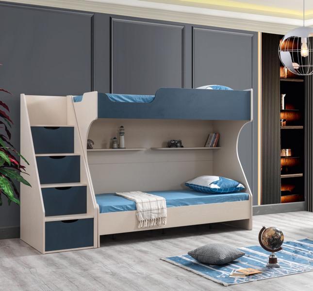 Blaues Kinderbett aus Holz modern, stilvoll und sicher