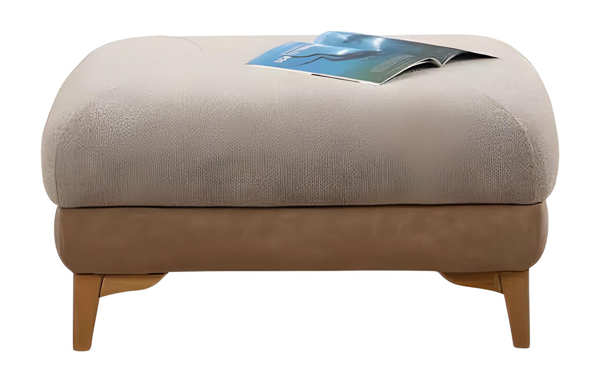 Moderner Beiger Stoffhocker mit Holzstruktur und praktischem