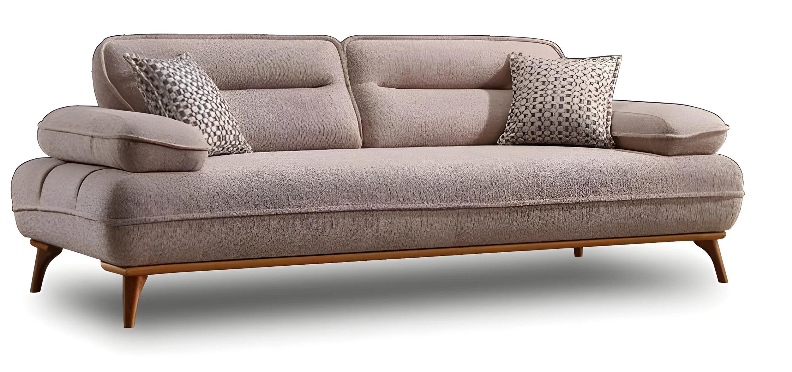 Elegantes graues Stoffsofa mit Holzrahmen für modernes Wohnzimmer