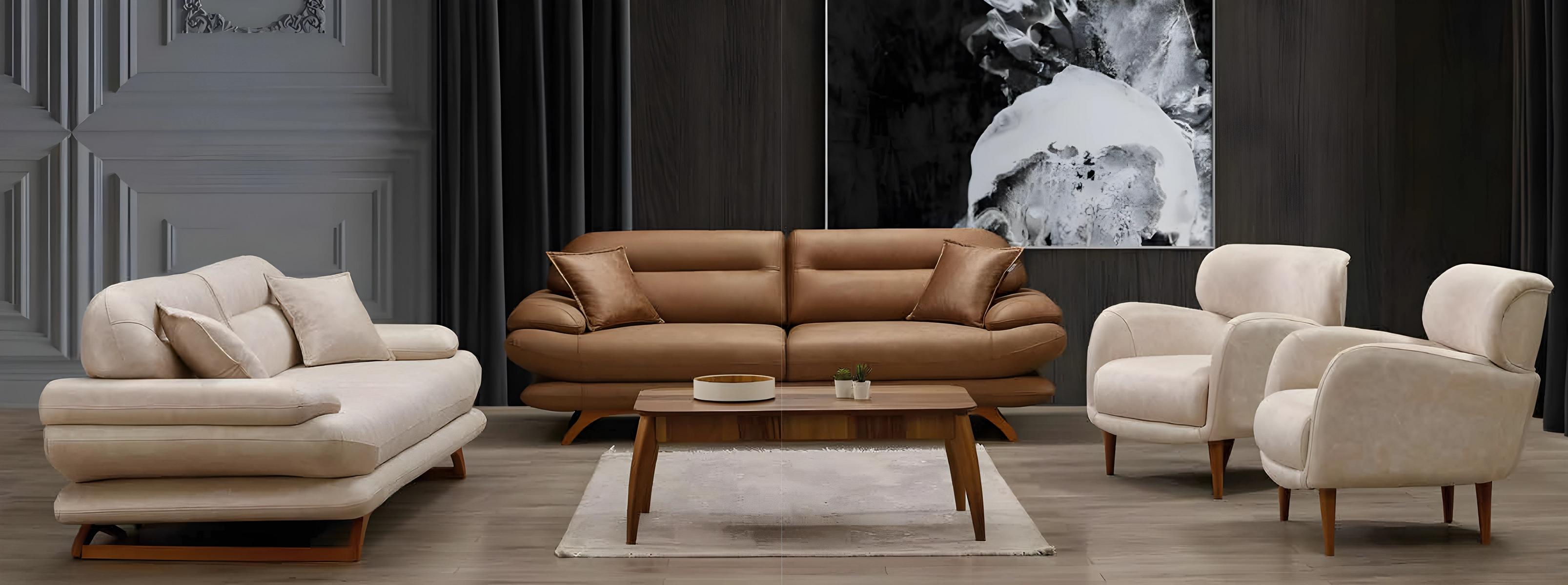 Moderne weiße Sofagarnitur aus Kunstleder mit Sessel und Zweisitzer