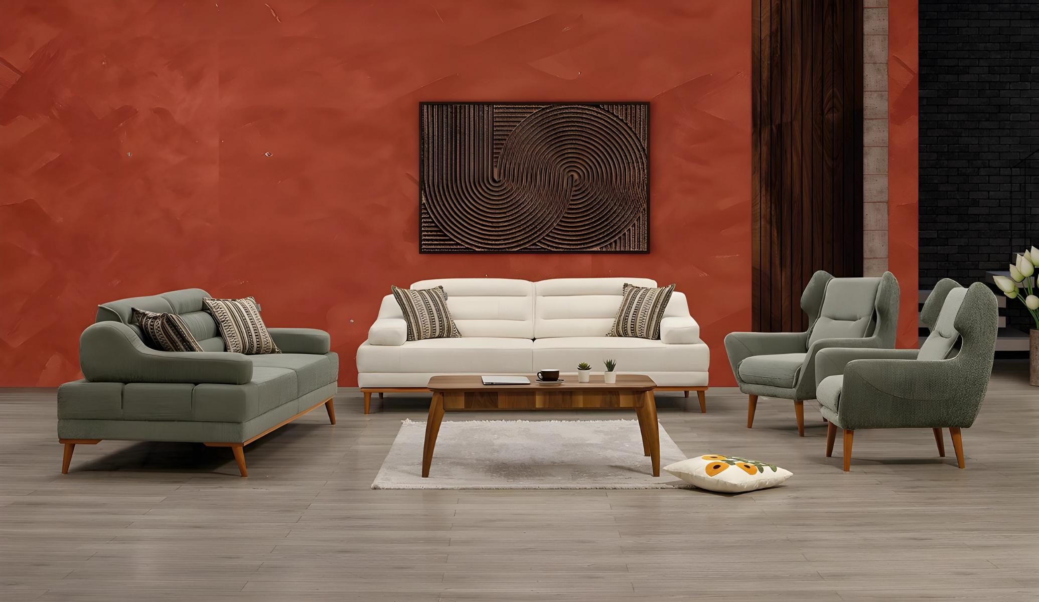 Moderne graue Sofagarnitur aus Textil und Holz