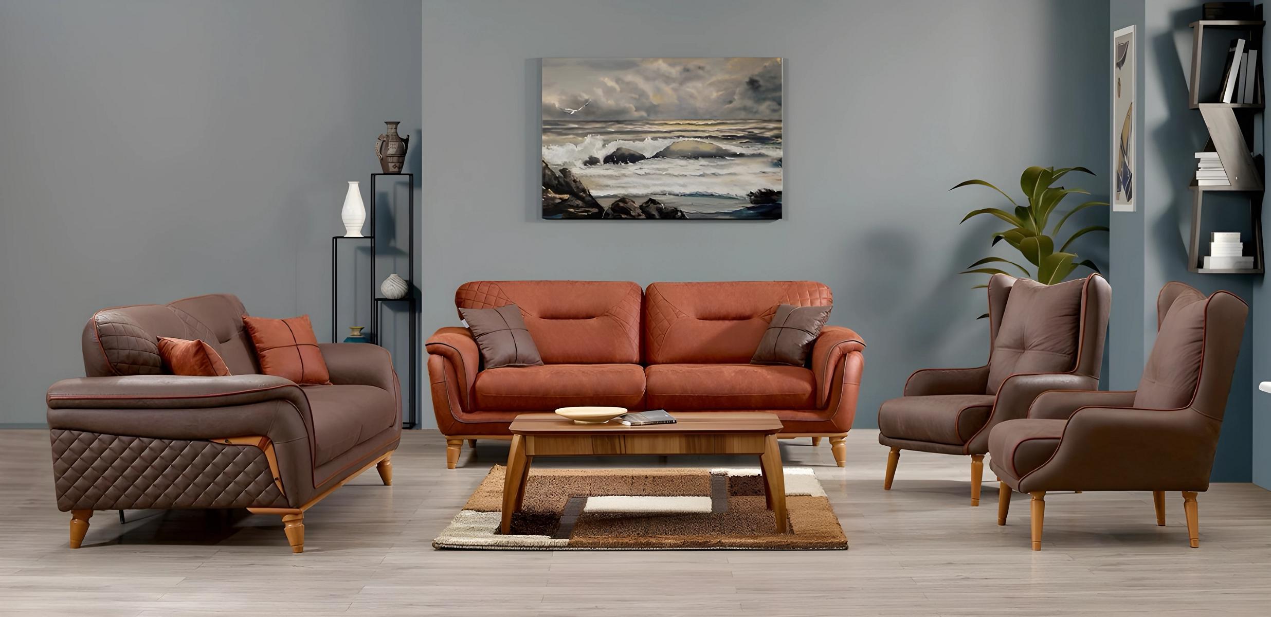 Moderner brauner Stoffsofa 4-teiliges Wohnzimmer Set mit Holzrahmen