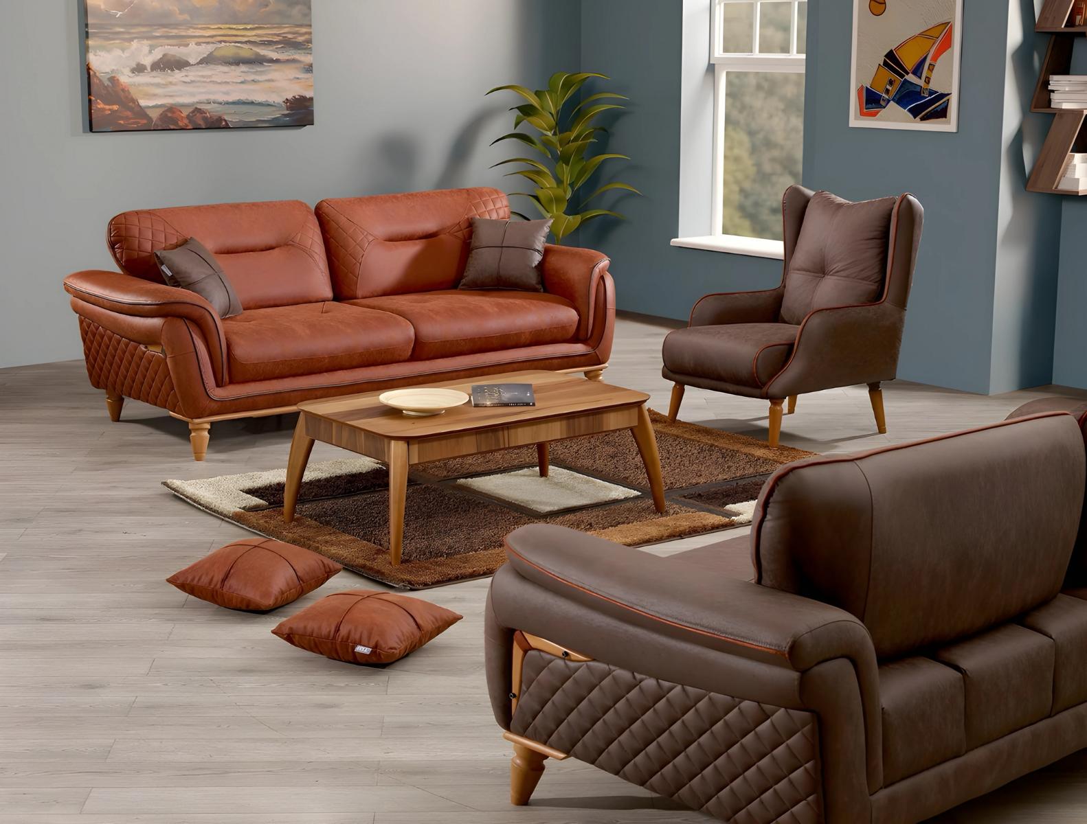 Elegantes Wohnzimmer Set aus Stoff in Orange mit Holzrahmen