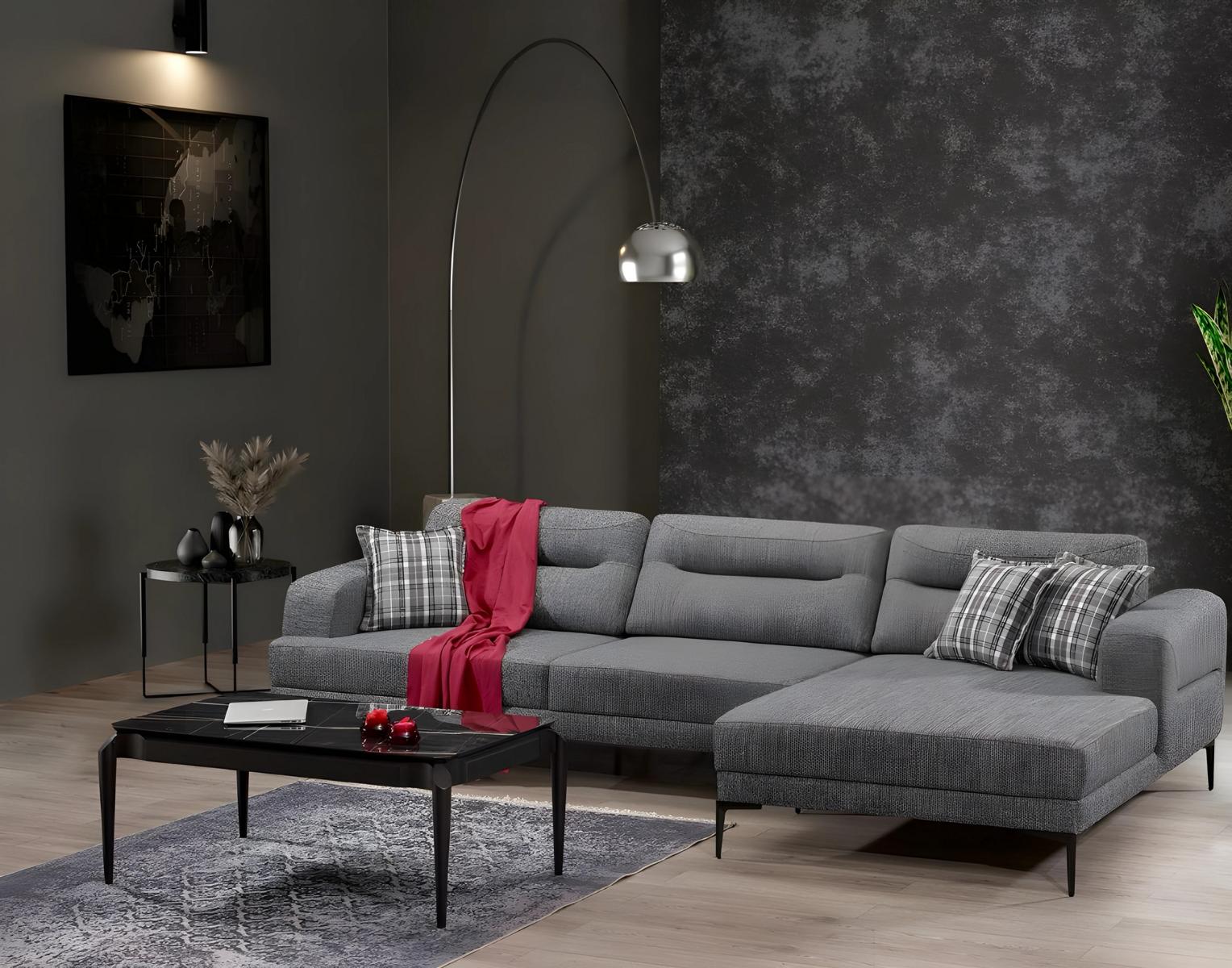 Elegantes graues Stoff-Ecksofa in L-Form modern und komfortabel