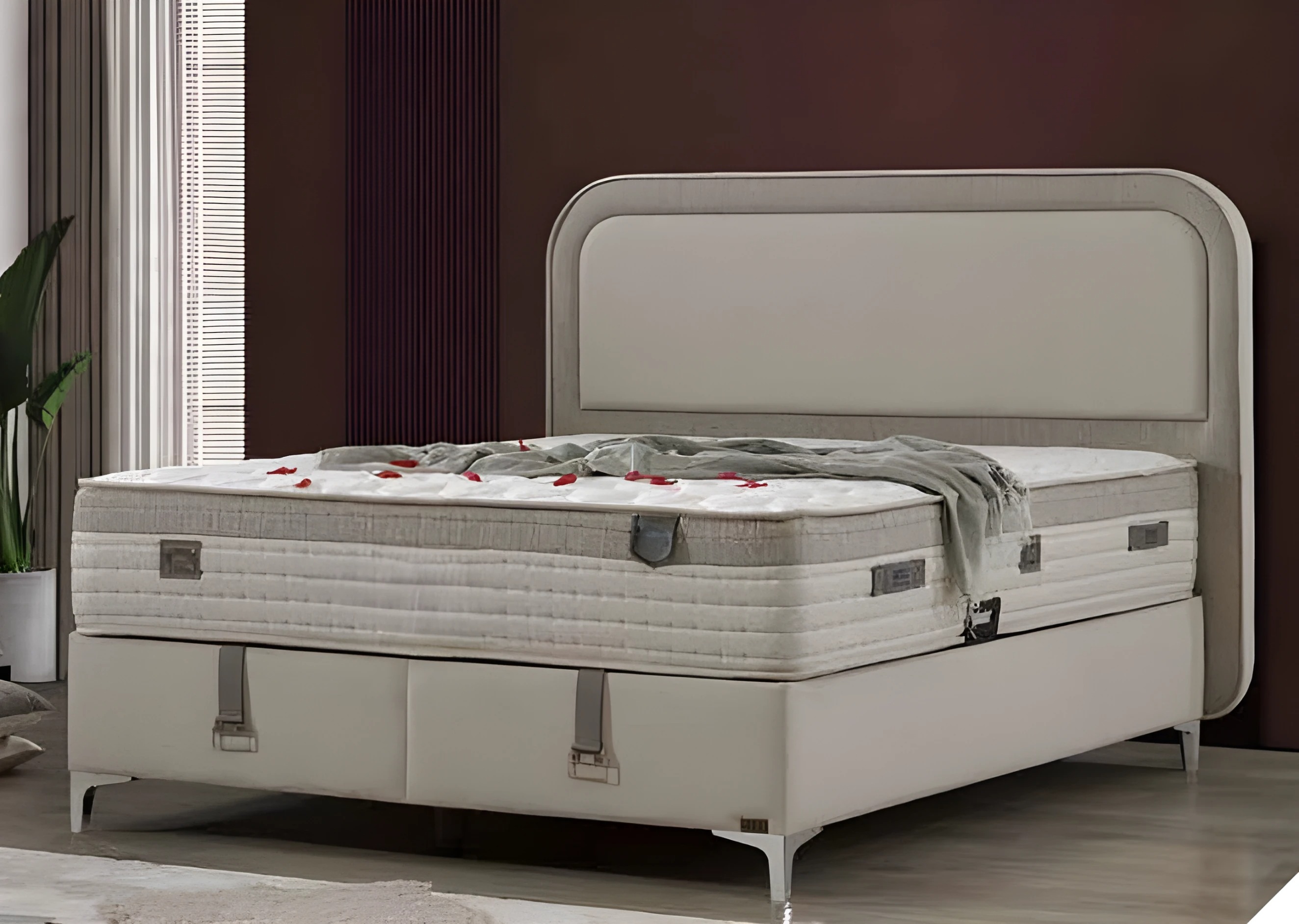 Grau modernes Holz Textil Bett mit Matratze