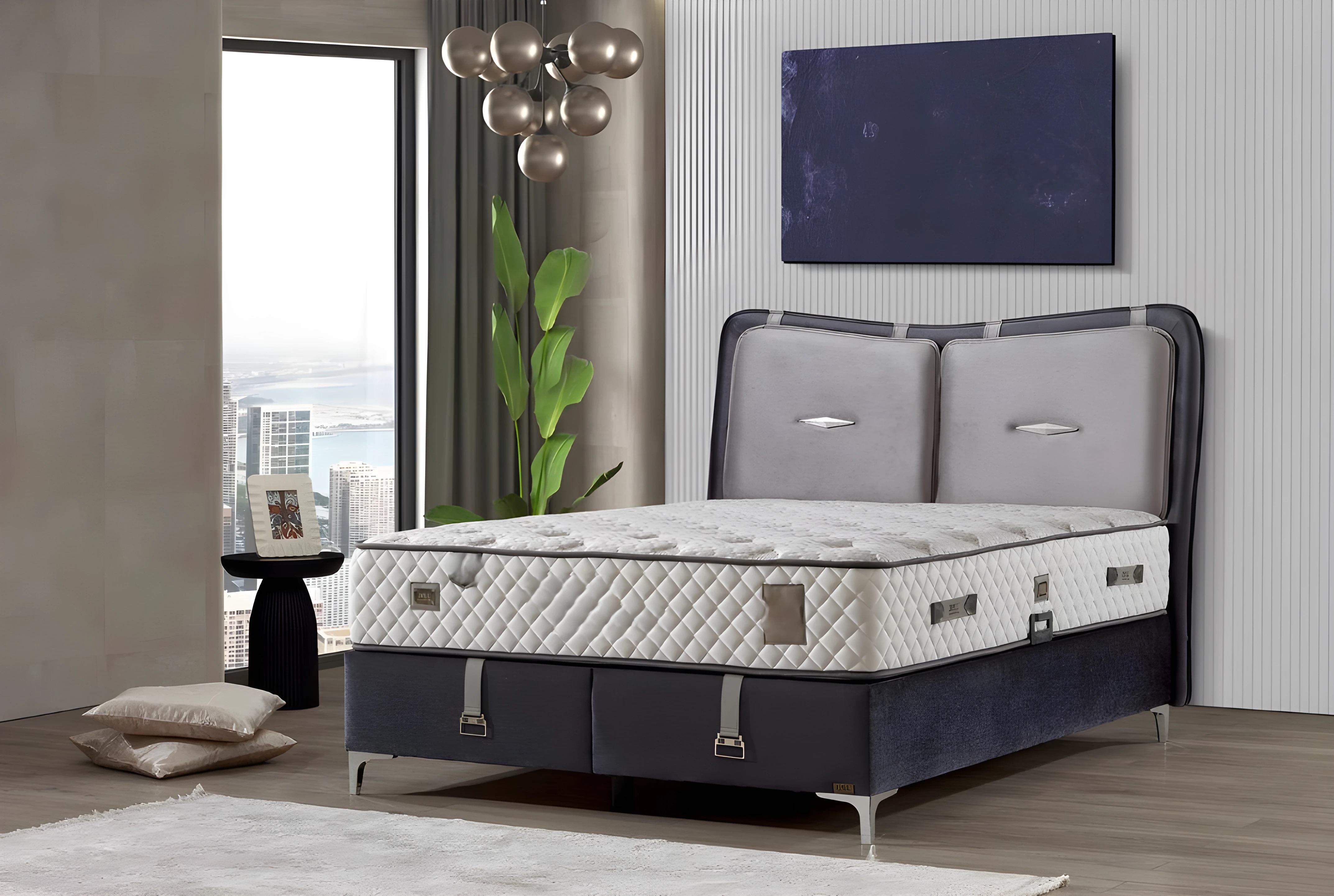 Elegantes graues Bett mit Matratze aus Holz und Textil