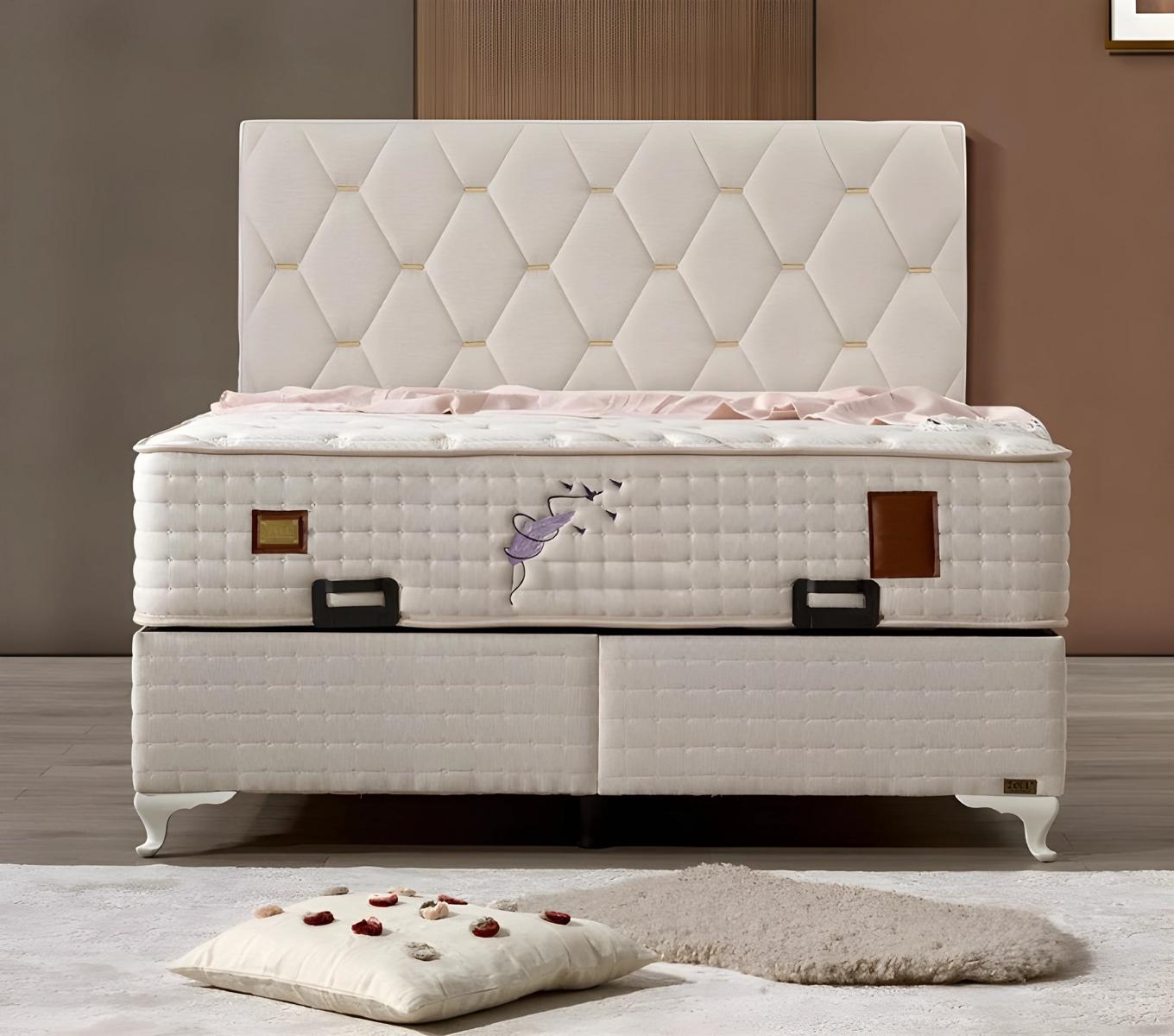 Elegantes Weißes Bett mit Matratze aus Textil und Holz