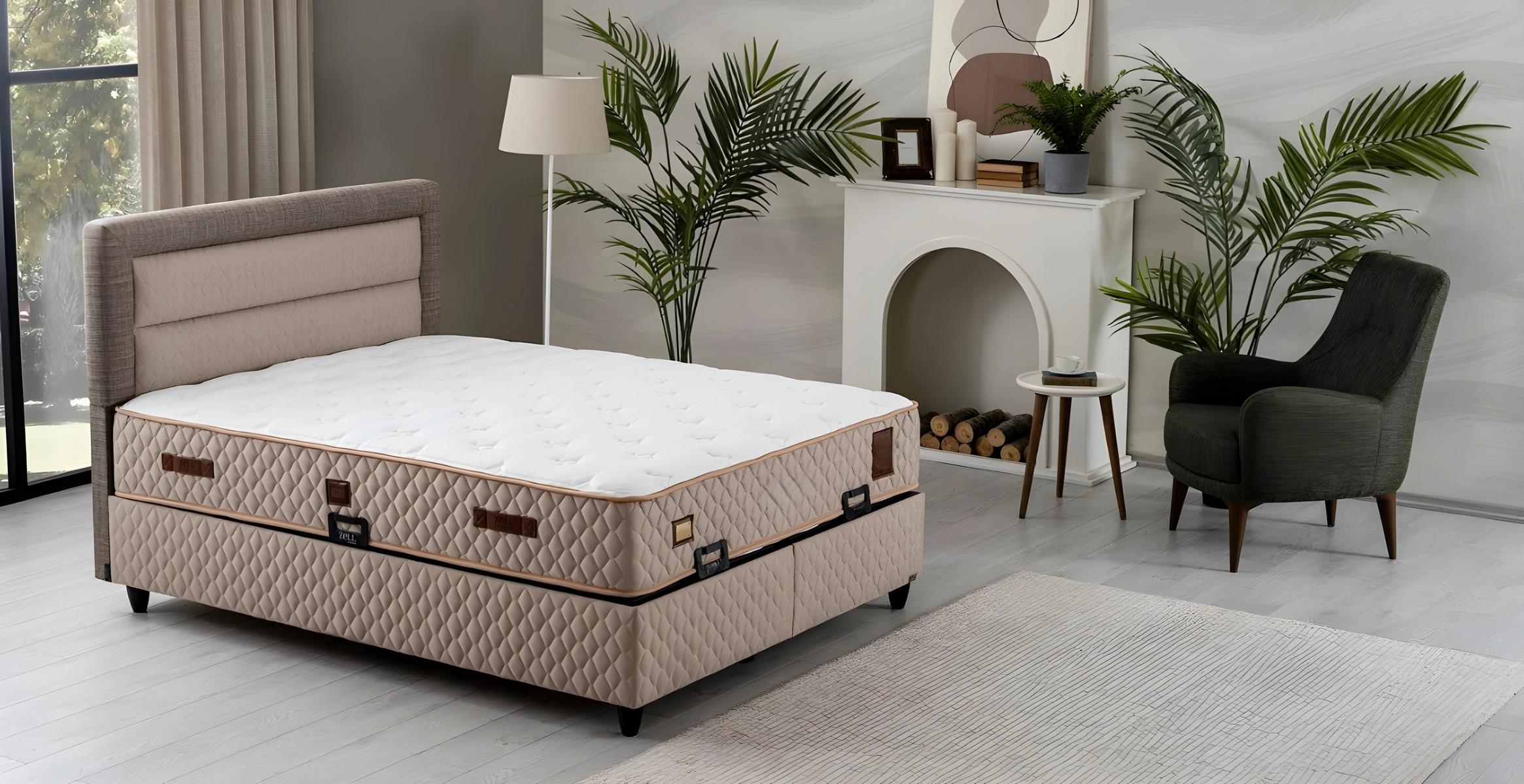 Elegantes beige Holz-Textil Bett mit Matratze für modernes