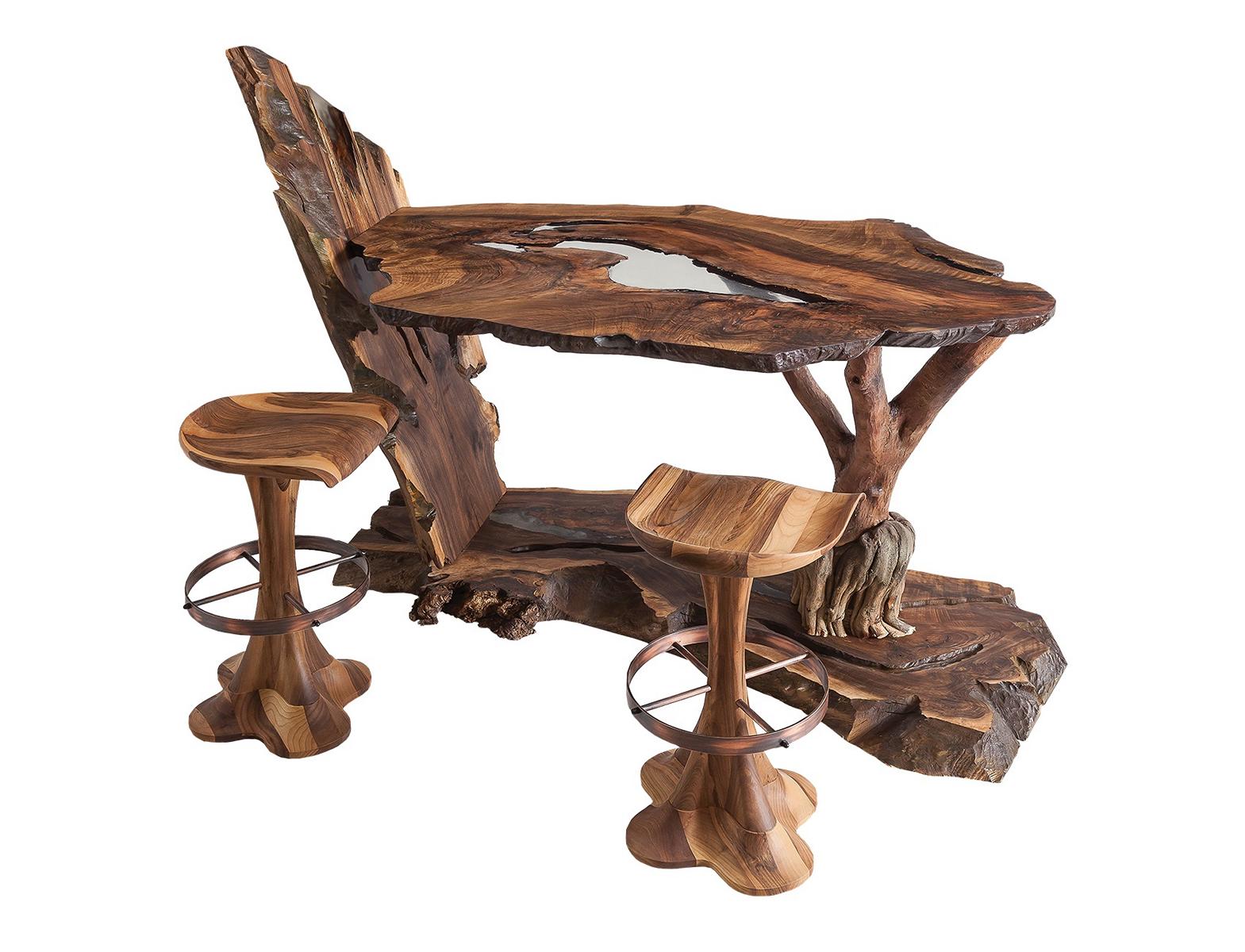 Moderner brauner Holz-Bartisch mit Hockern Set