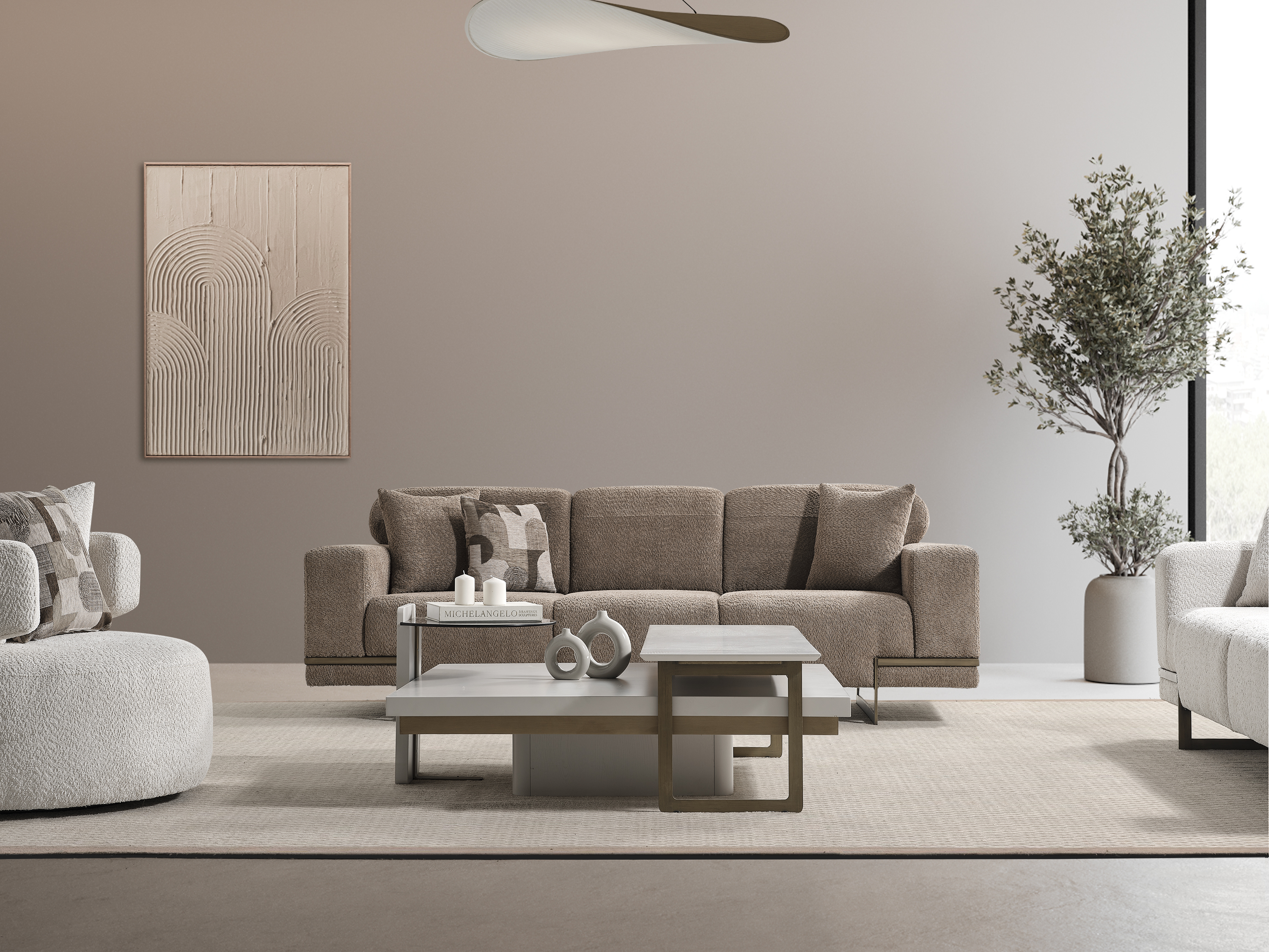 Modernes Beiges Stoffsofa für Wohnzimmer, 4-Sitzer, elegantes Design