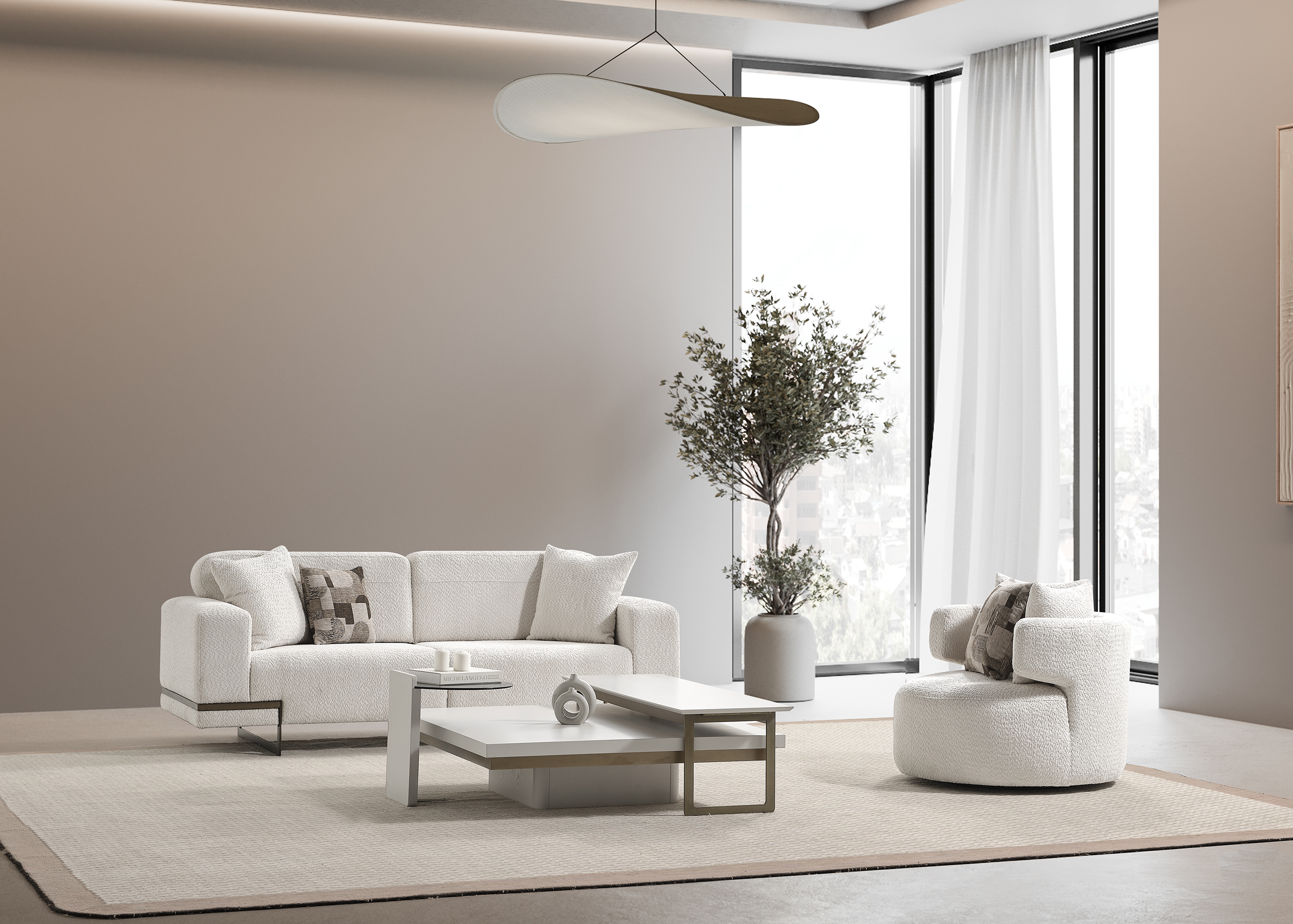 Elegantes weißes Stoffsofa mit Sessel im modernen Design