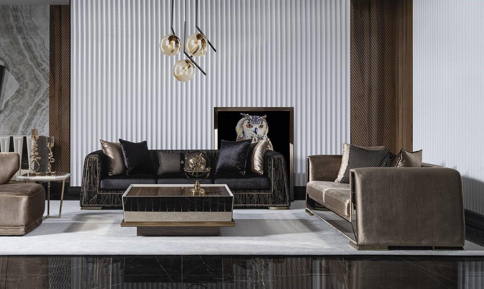 Elegantes schwarzes und braunes Wohnzimmer Set aus Holz und Textil