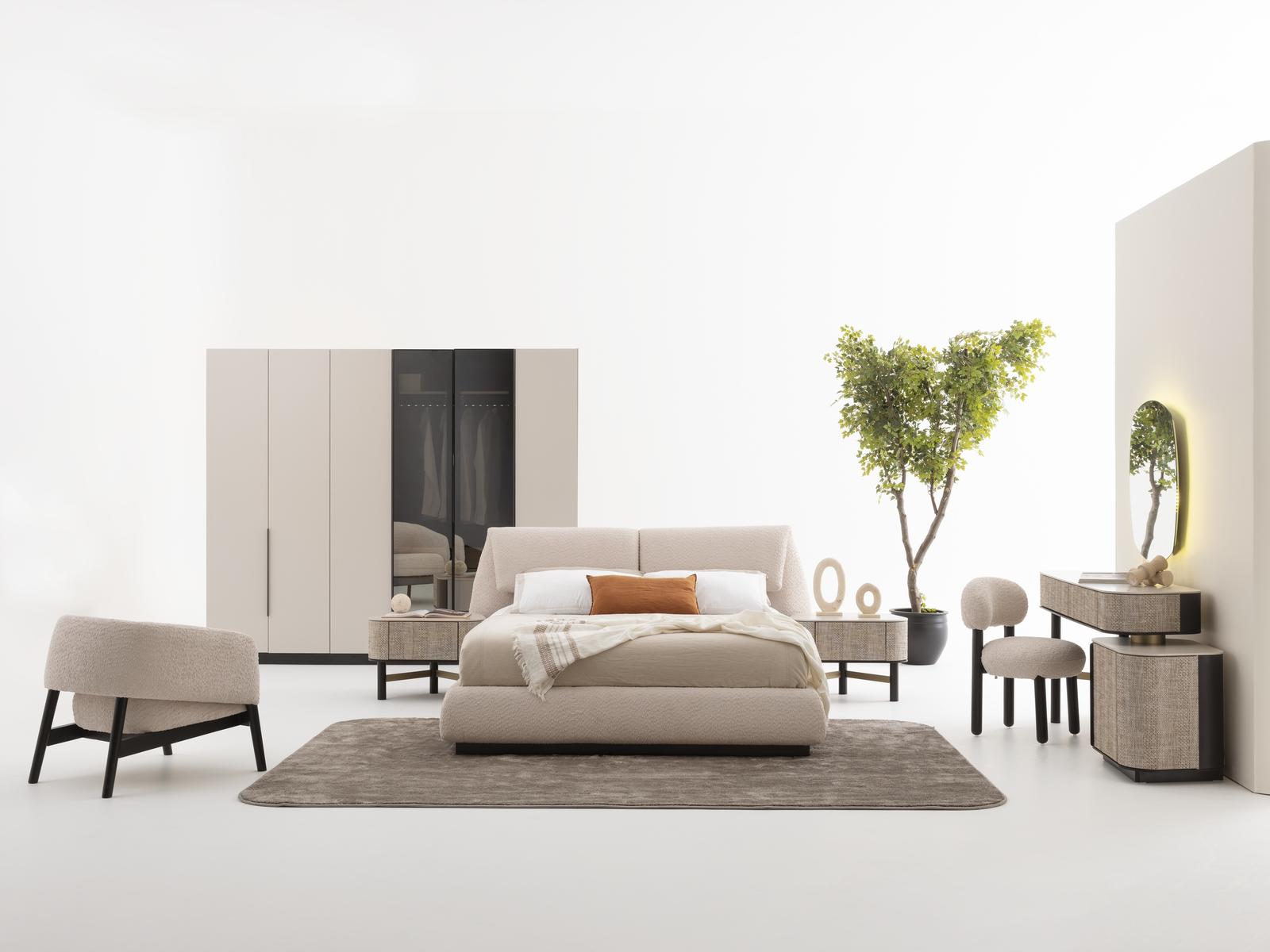 Schlafzimmer Set in Beige aus Holz, Textil und Glas, modern